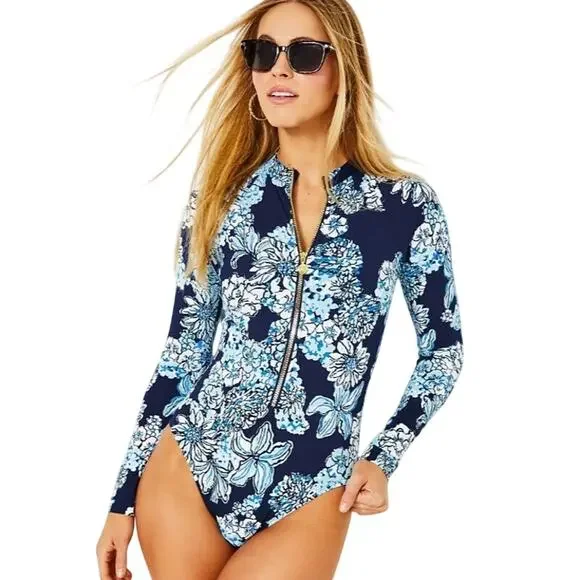 Lilly Pulitzer Randee Rashguard One Piece Swimsuit Low Tide Navy Bouquet All Day - Picture 1 of 14